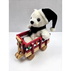 Vintage Wooden Christmas Pull Wagon Toy With Plush Bear Holiday Decor